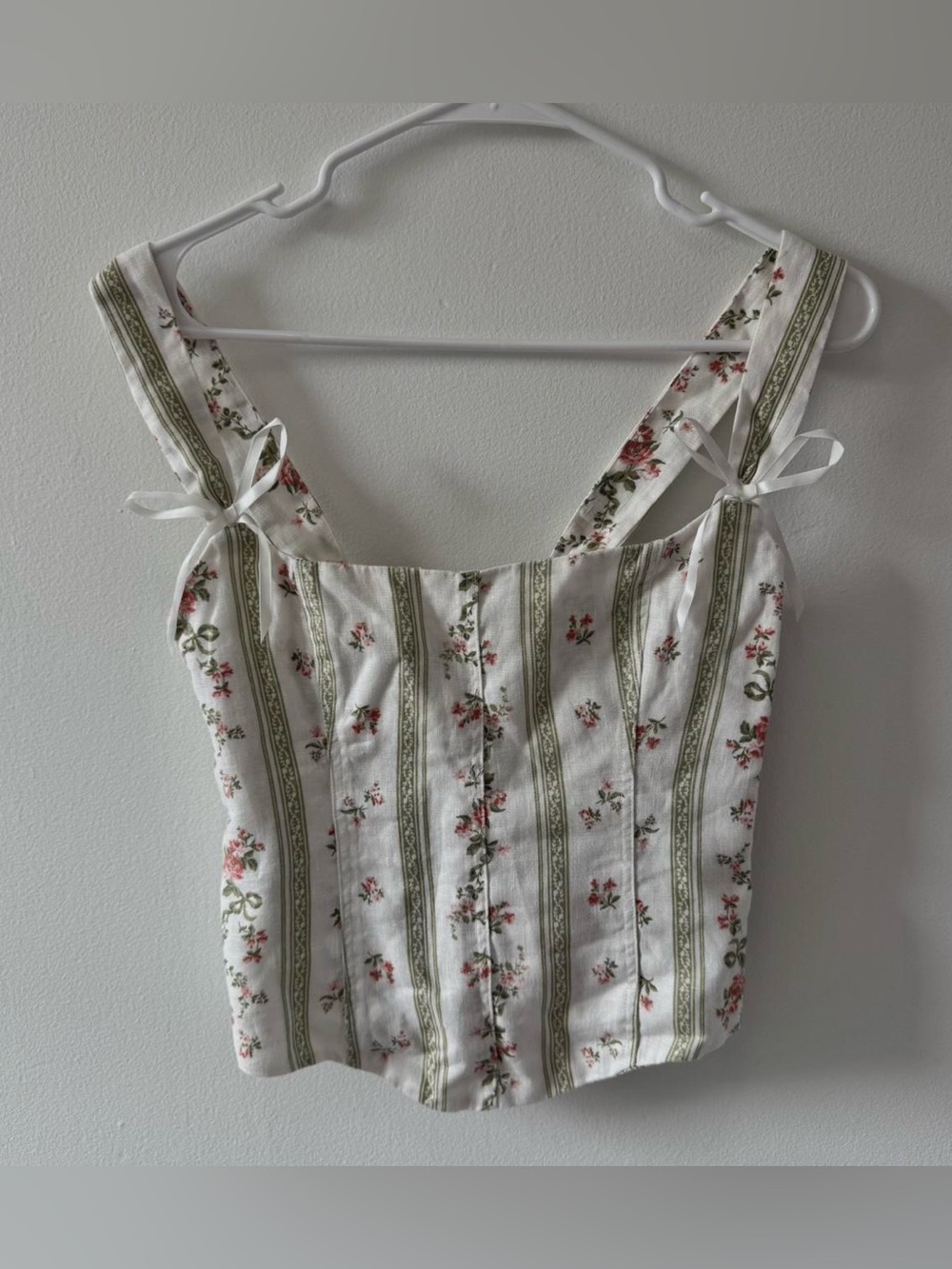Reformation Floral Tie-Shoulder Crop Top in White, Green and Pink